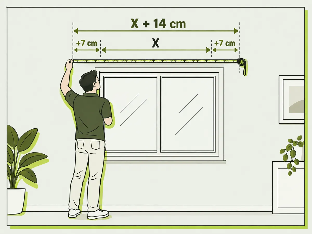 Persona midiendo el ancho de la ventana sobre el muro: X más 7 cm por cada lado, total X más 14 cm