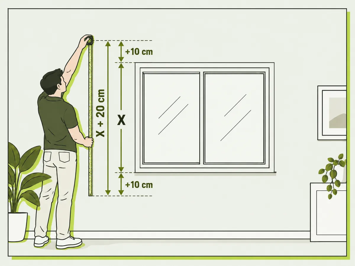Persona midiendo el alto: 10 cm sobre el marco y 10 cm bajo el marco, total X más 20 cm